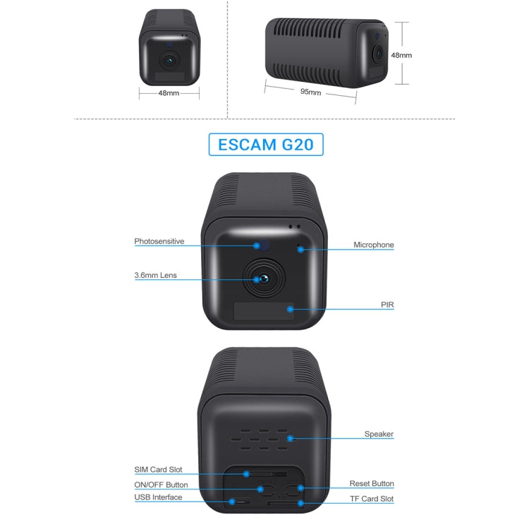 ESCAM G20 4G EU Version 1080P Full HD Rechargeable Battery WiFi IP Camera, Support Night Vision / PIR Motion Detection / TF Card / Two Way Audio, G20 ESCAM G20 4G EU Version 1080P Full HD Rechargeable Battery WiFi IP Camera, Support Night Vision / PIR Motion Detection / TF Card / Two Way Audio, G20